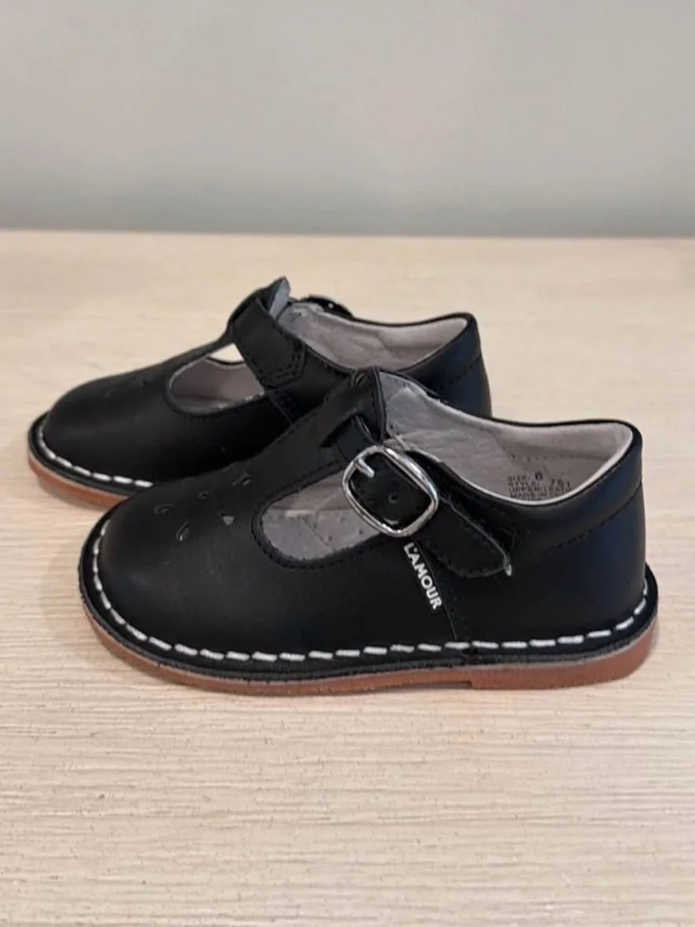 L'Amour Black T-Strap Kids Dress Shoes with Floral Cutouts